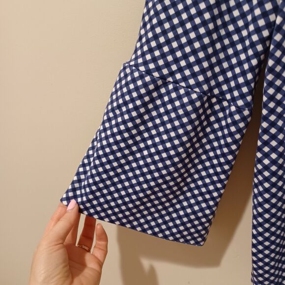 J McLaughlin Catalina Cloth Lattice Print Bell Sleeve Blouse Size L Navy Gingham - Picture 4 of 7